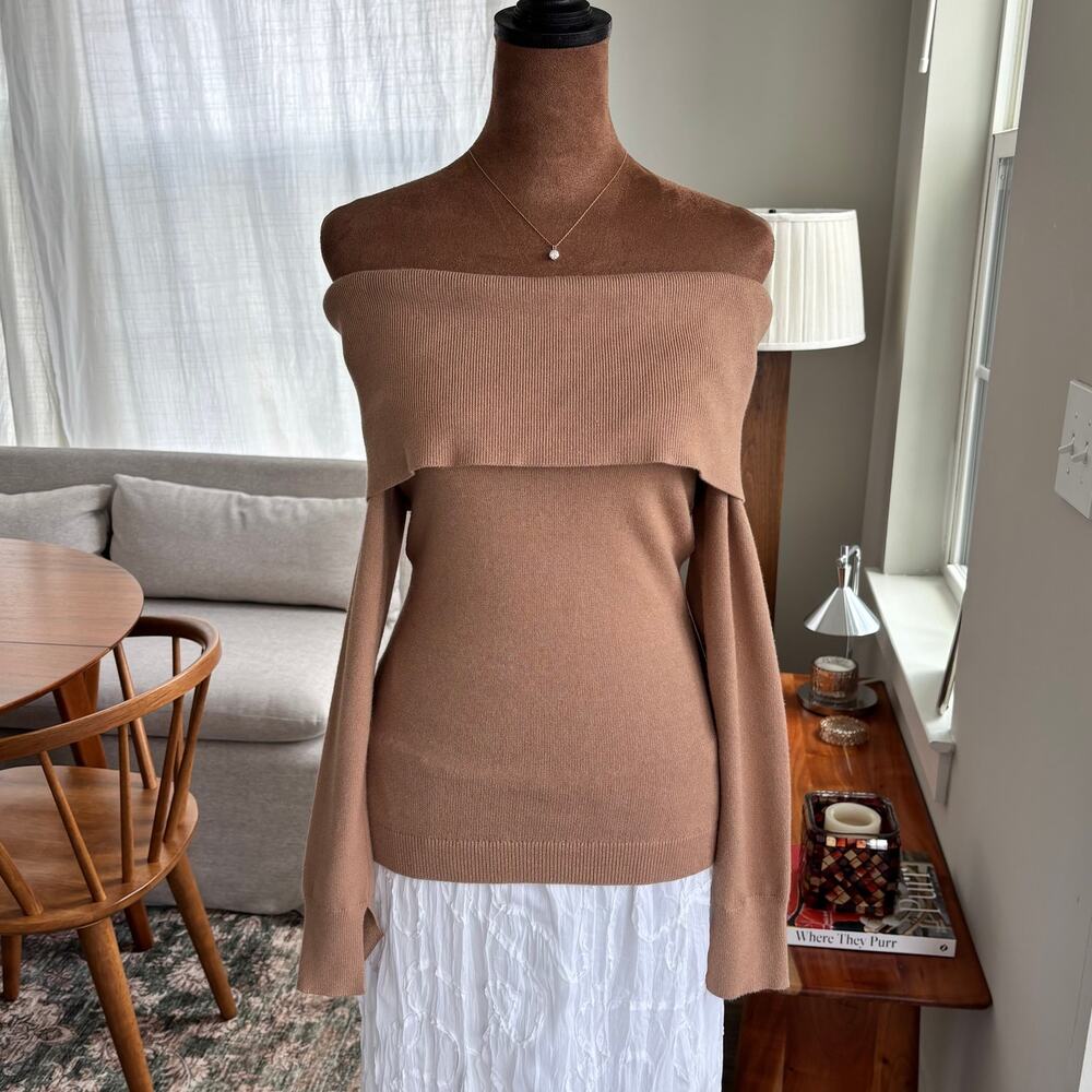 BCBG Max Azria Off the Shoulder Tan Knit Top Fold Over Sweater Camel Brown Small